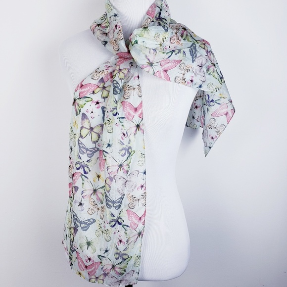 Accessories - Silk Scarf Pastel Pink Lavender Butterfly Print